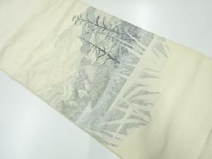 アンティーク　手織り紬すくい織樹木に遠山風景模様織出し袋帯（材料）